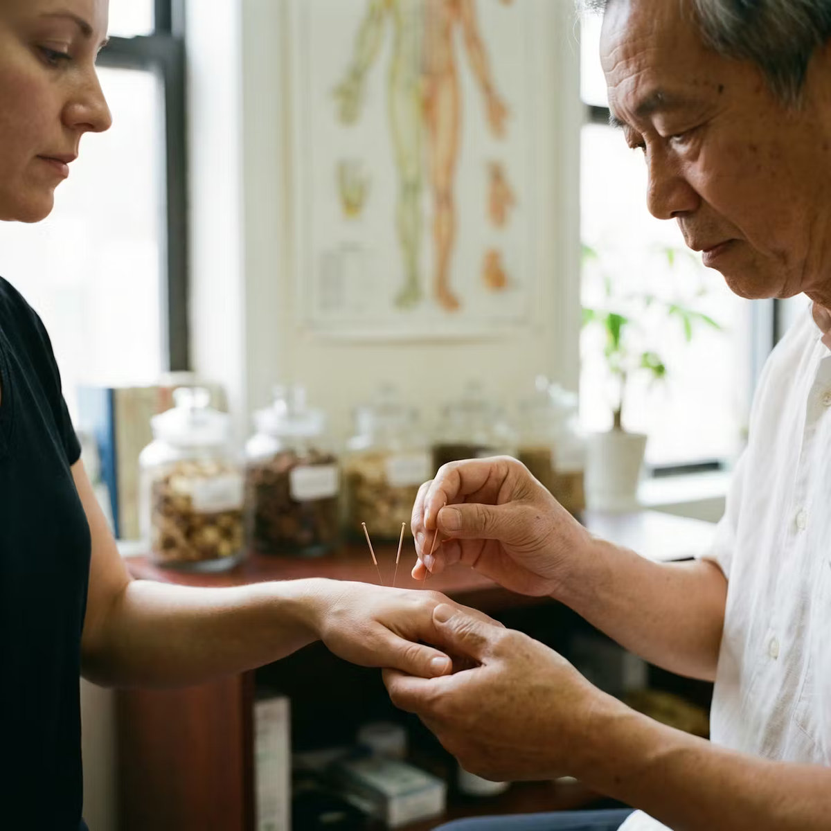 Vue rapprochée d’aiguilles d’acupuncture insérées avec précision sur un point spécifique