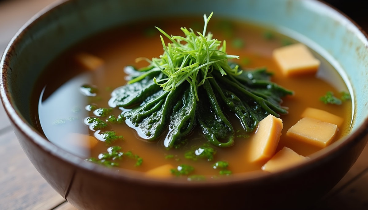 Vue rapprochée d'une soupe traditionnelle aux algues et gingembre