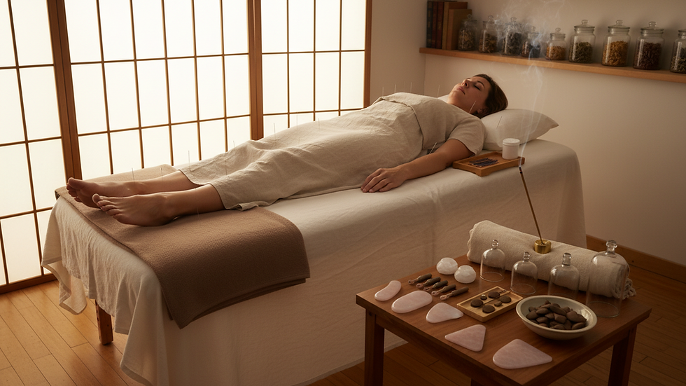Eye-level view of a calm treatment room with acupuncture setup