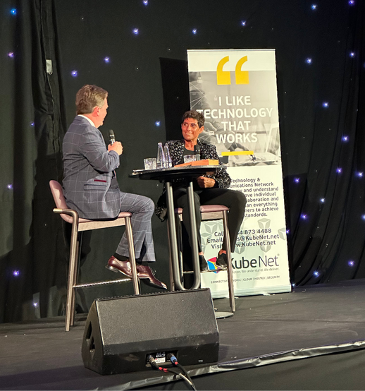 Fatima Whitbread MBE speaks to David Tanner at the Action For Children Sports Dinner sponsored by KubeNet