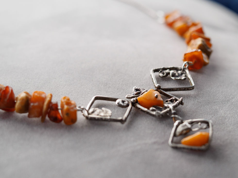 silver cast elements and amber beads necklace
