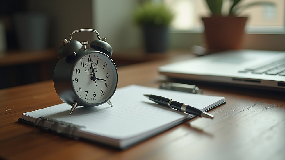 Close-up of a timer and notebook on a wooden desk
