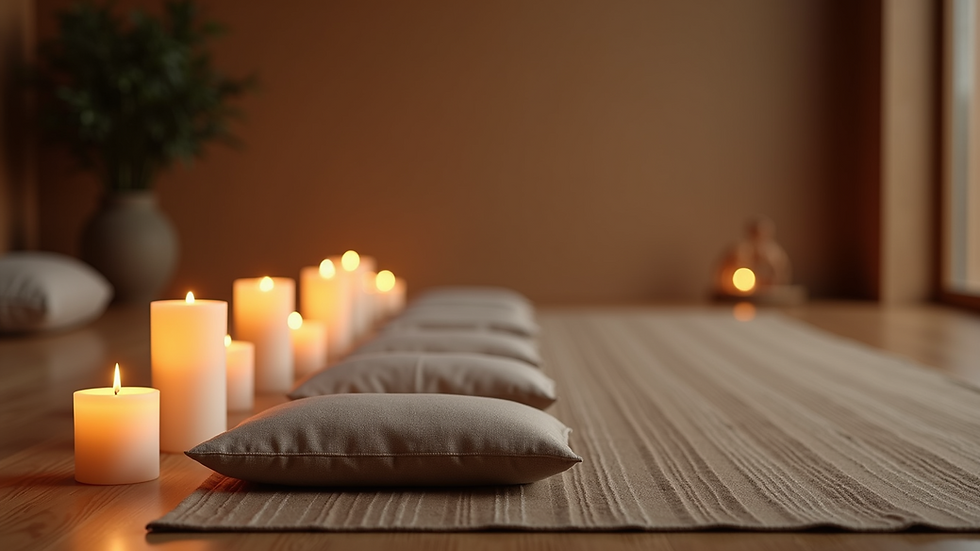 Eye-level view of a serene meditation space with candles and cushions