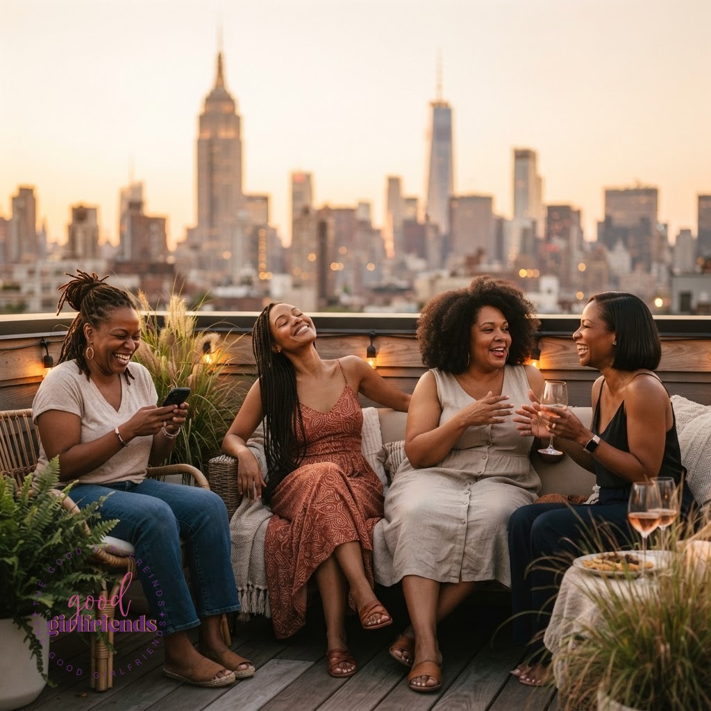 Diverse Black women relaxing on a NYC rooftop at golden hour