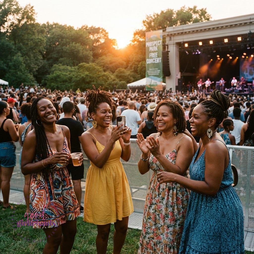 Diverse Black women at a free outdoor concert in a park at golden hour