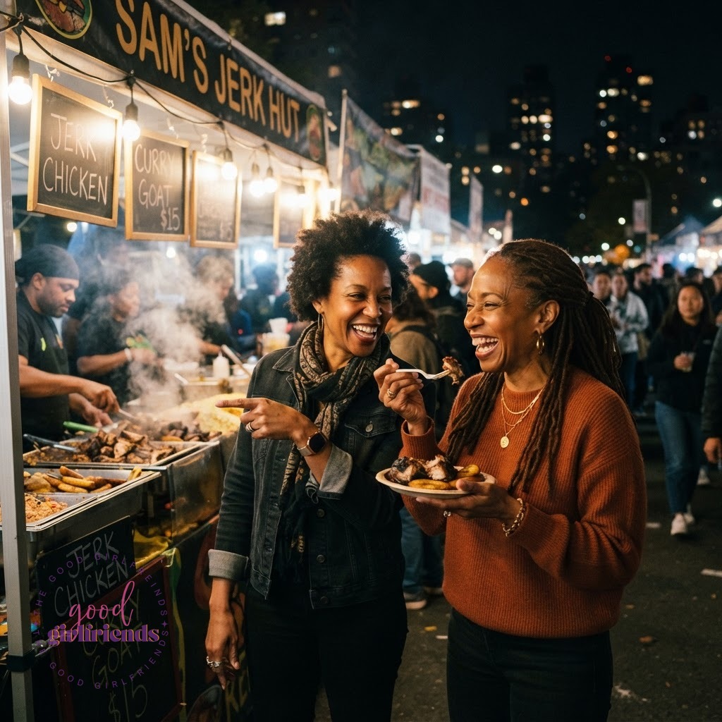 Two Black women at an outdoor food market stall at night