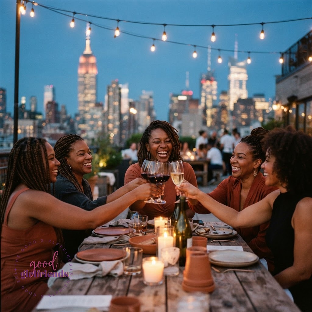 Diverse Black women toasting at an intimate rooftop dinner at dusk