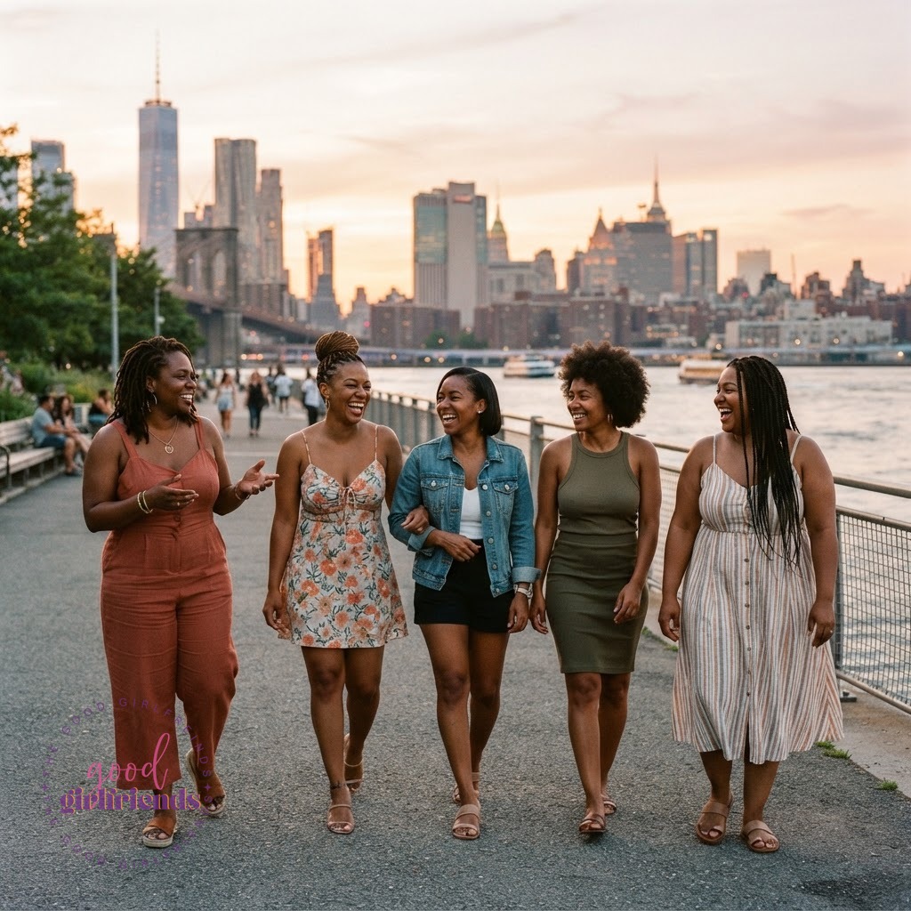 Diverse Black women walking along Brooklyn waterfront at sunset