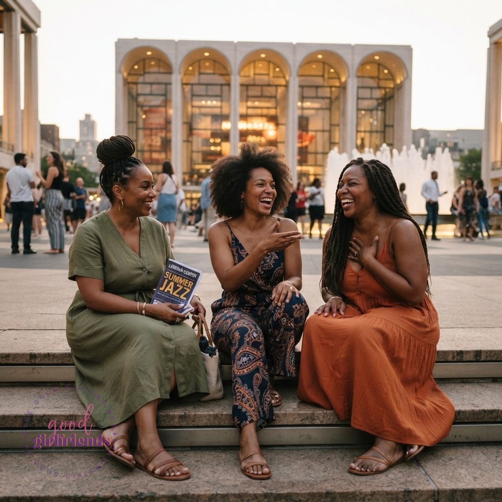 Diverse Black women sitting on a picnic blanket at a park at dusk watching a movie