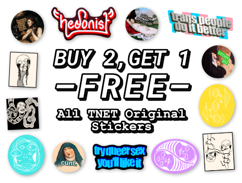 A deal reading "Buy 2, Get 1 Free; All TNET Original Stickers". Bordering this text are 13 such stickers.