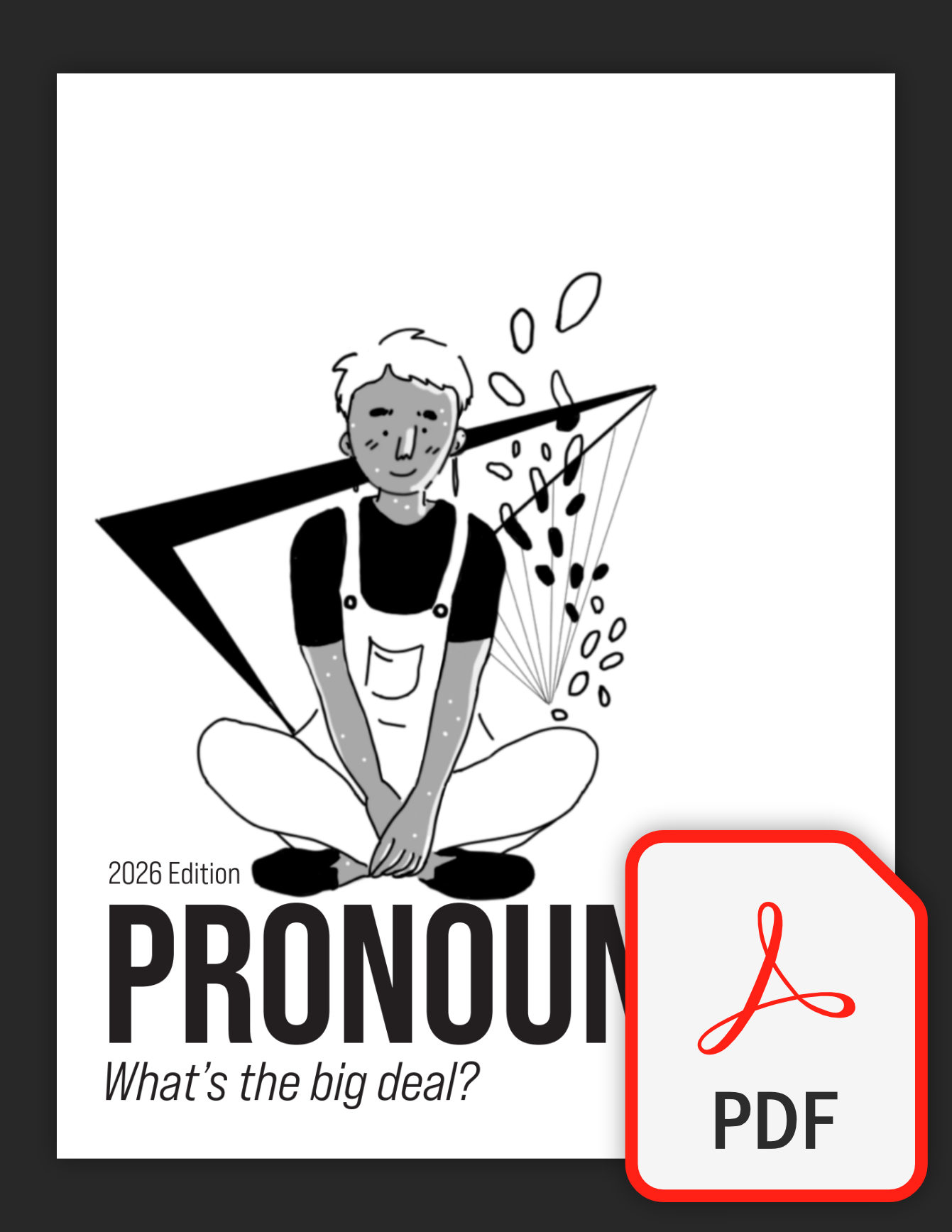 The front cover of the zine with a PDF icon superimposed, all against a dark background.