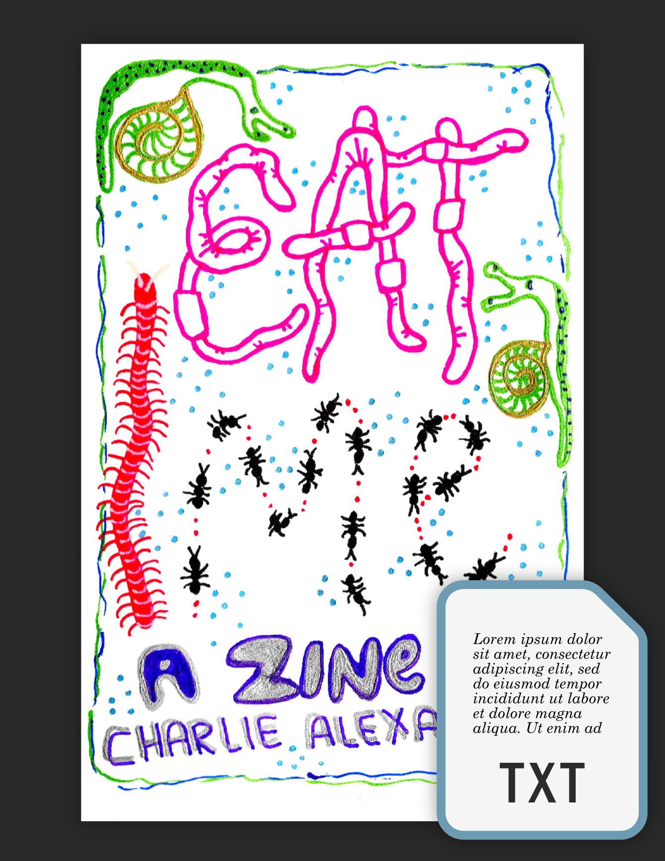The front cover of the zine with a PDF icon superimposed, all against a dark background.