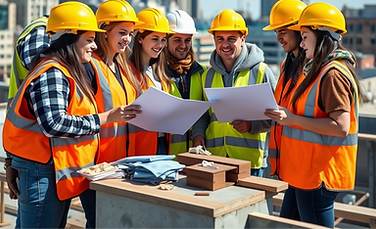 Picture of 6 young adults in hard hats collorating with engineers on a building site in ur