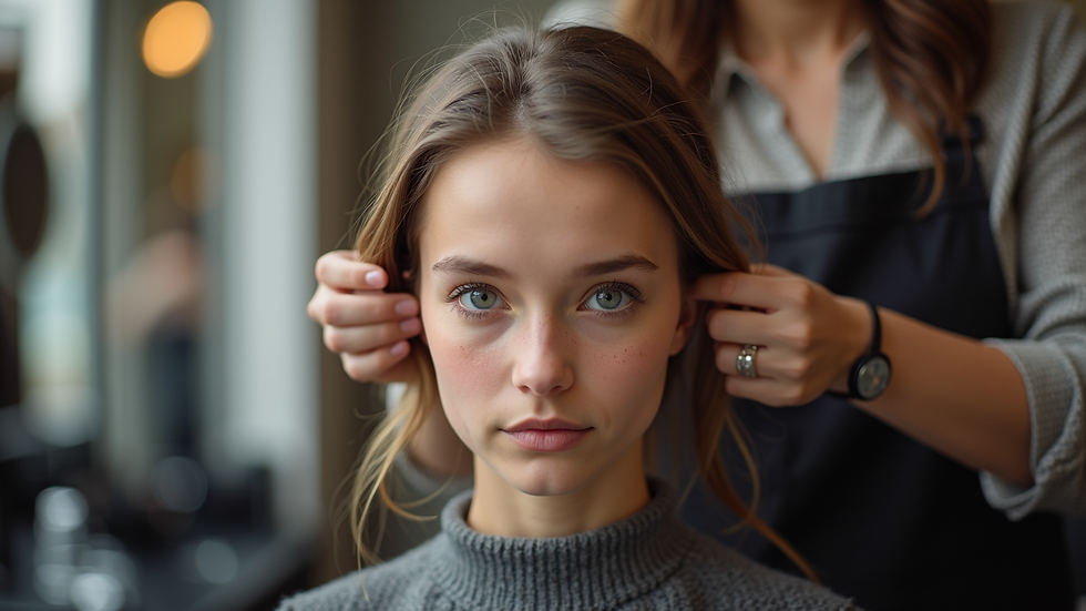 Eye-level view of a stylist applying tape-in hair extensions in a salon