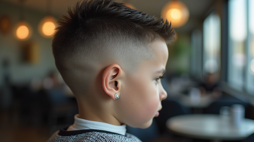 Close-up view of a boy's fade haircut with textured top