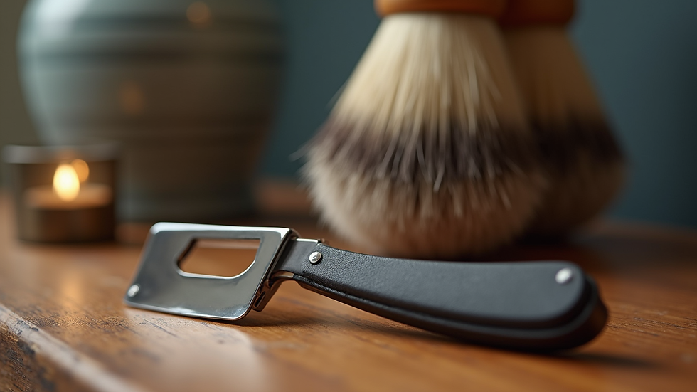 Close-up view of a straight razor and shaving brush on a wooden counter