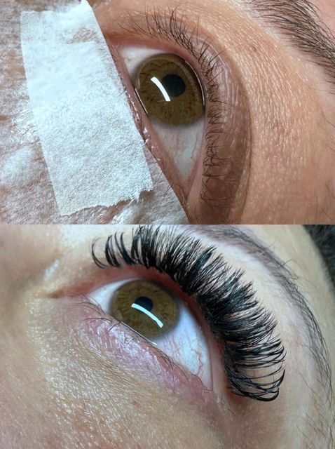 Vorher-Nachher-Vergleich der Wimpernverlängerung einer Kundin in Mülheim, von natürlichen Wimpern zu voluminösen, verlängerten Wimpern.