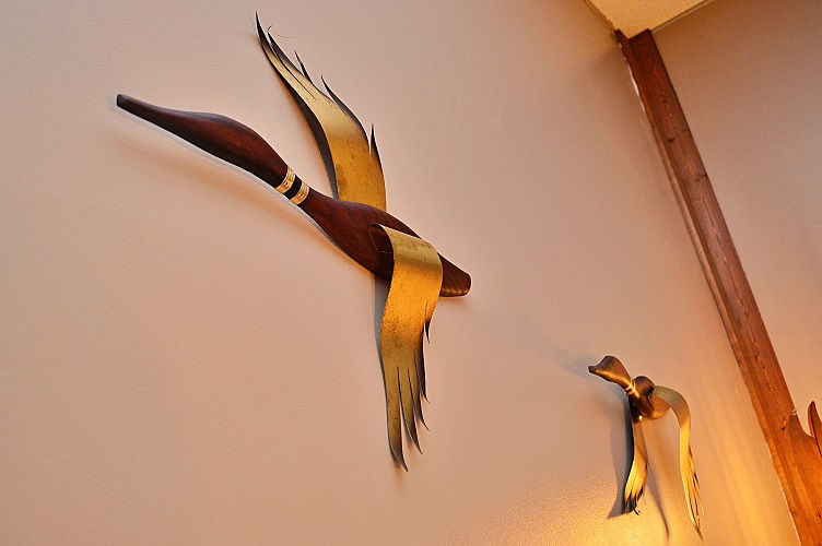 Thumbnail: Pair Mid Century Masketeers Flying Geese Wood/Brass Wall Art