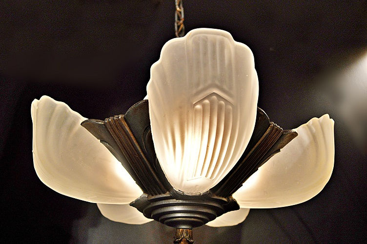 Thumbnail: Georgous Art Deco 5 Light Slip Shade Chandelier / Ceiling Light
