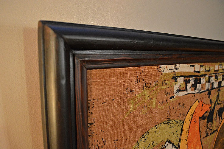 Thumbnail: Large Framed Vintage Mid-Century Linen Screen Print Chariot Wall Hanging