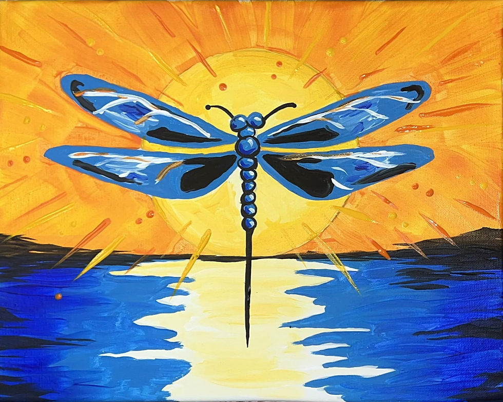 A vibrant painting of a blue dragonfly against a golden sunset sky, reflecting over a shimmering body of water.