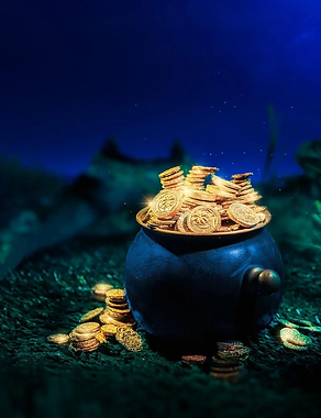 pot-full-of-gold-coins-in-forest-at-nigh