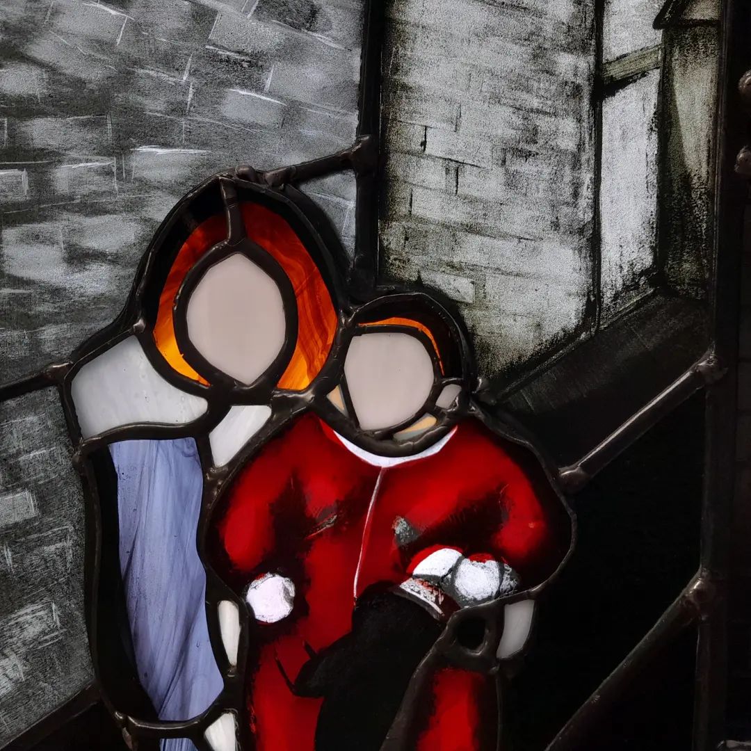 Tattoo-style stained glass artwork with bold outlines and vibrant colors