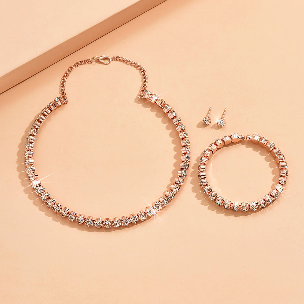 Thumbnail: Minimalist crystal necklace and earrings set layout for evening wear