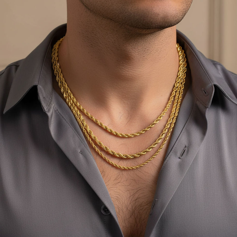 Classic gold rope chain necklace made of stainless steel worn by a model