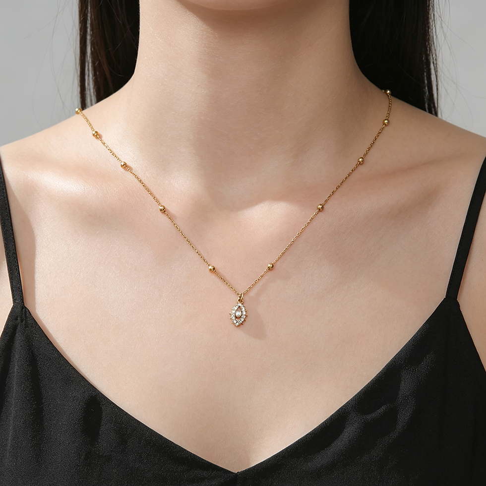 Lucky evil eye zircon pendant necklace worn by a model