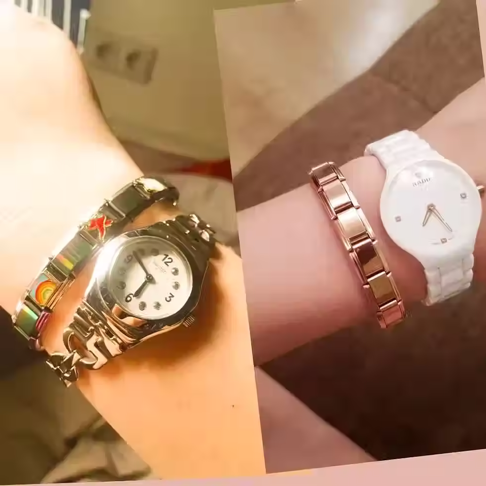 Italian charm stainless steel modular bracelet worn on a model's wrist