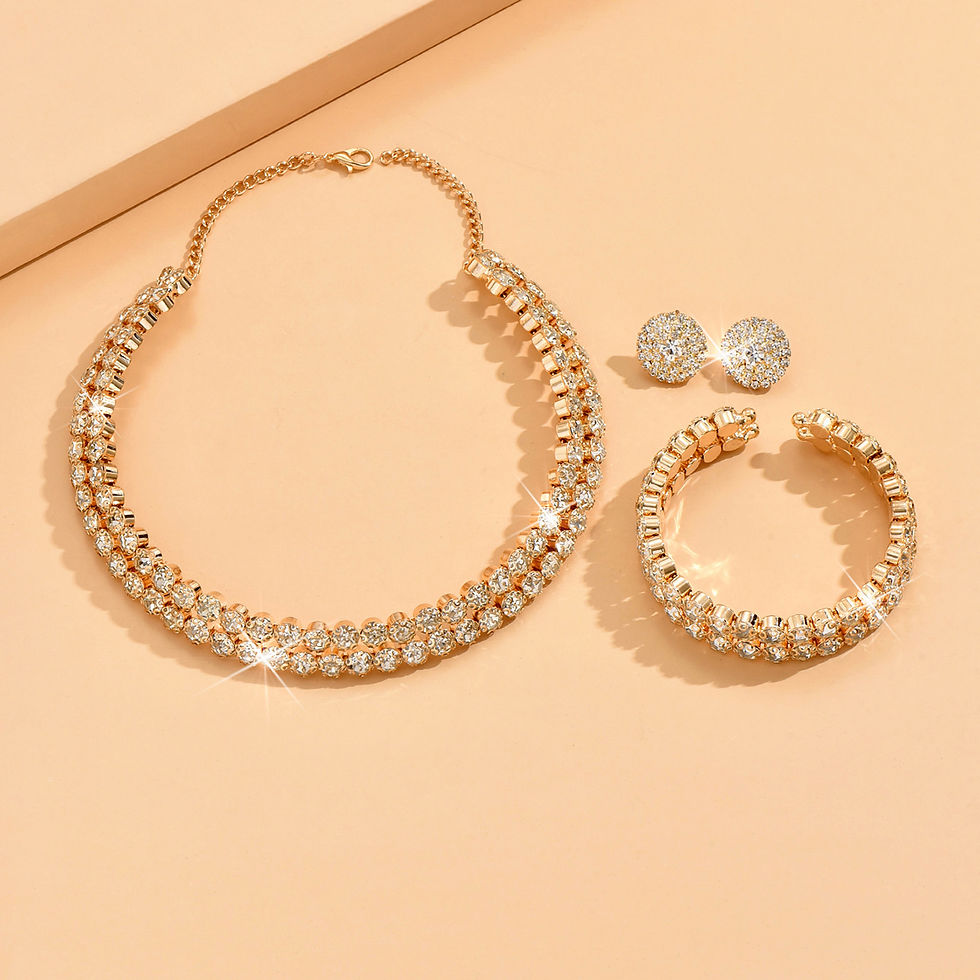 Thumbnail: Minimalist crystal necklace and earrings set layout for evening wear