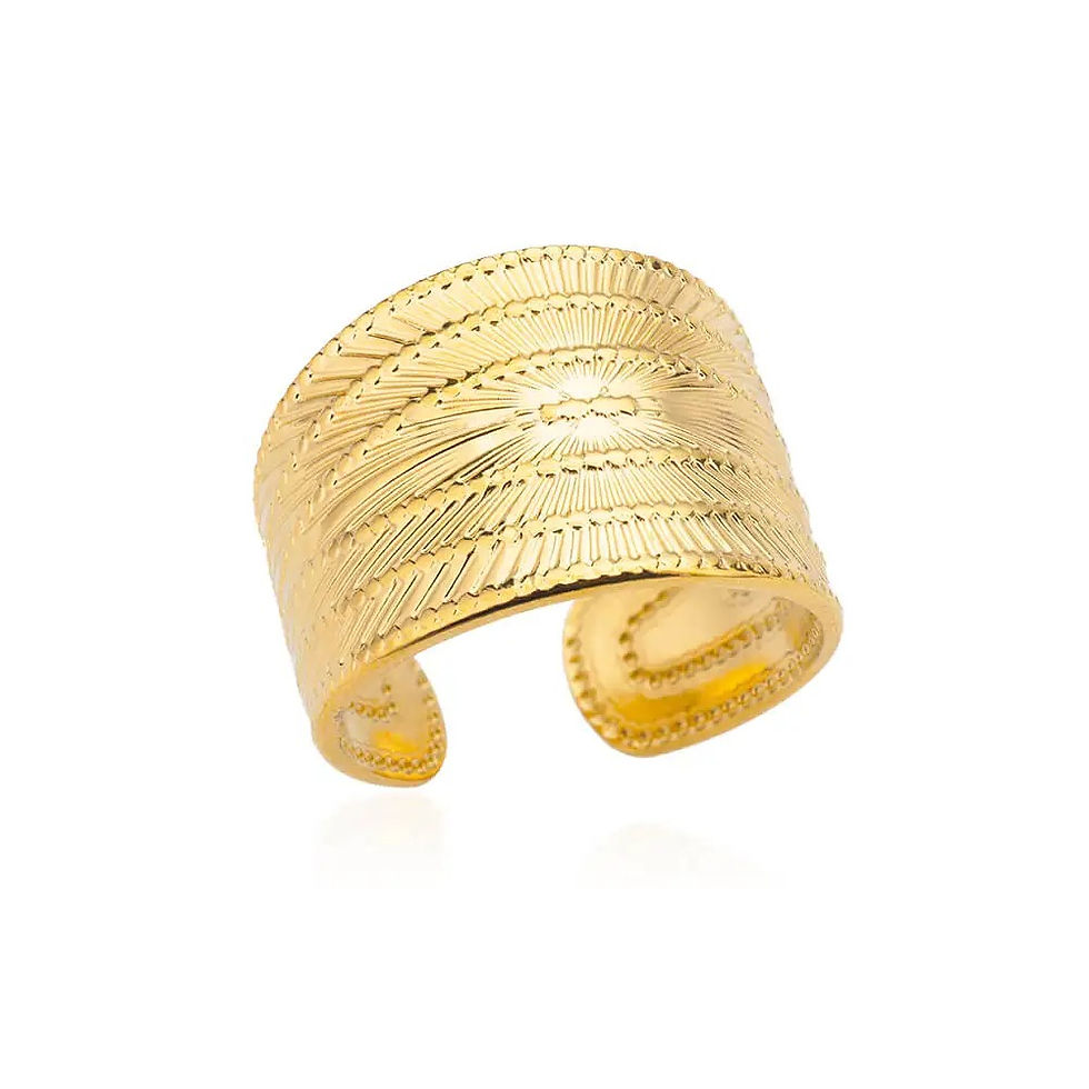 Thumbnail: Minimalist textured geometric open ring in 18K gold plated stainless steel worn on a model's finger