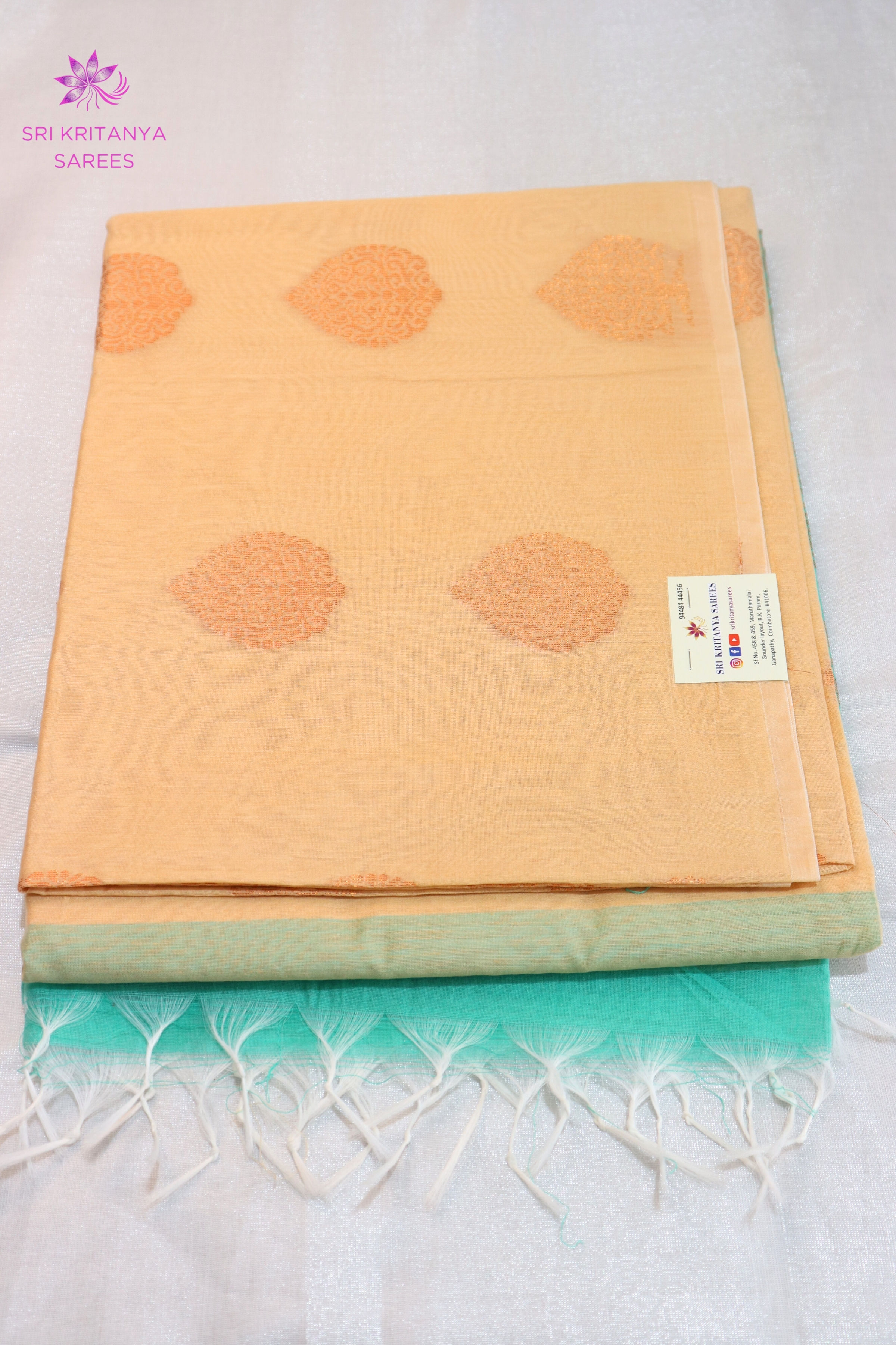 SEMI KORA SILK COTTON SAREES - Beige with Turquoise