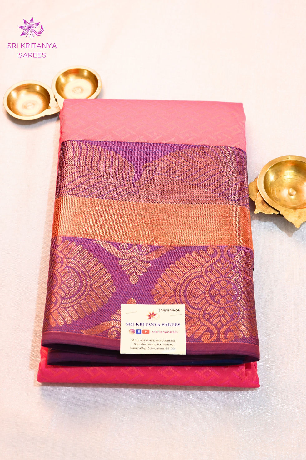 SEMI KANCHI SILK SAREES EMBOSSED PATTERN - Pink with Navy Blue