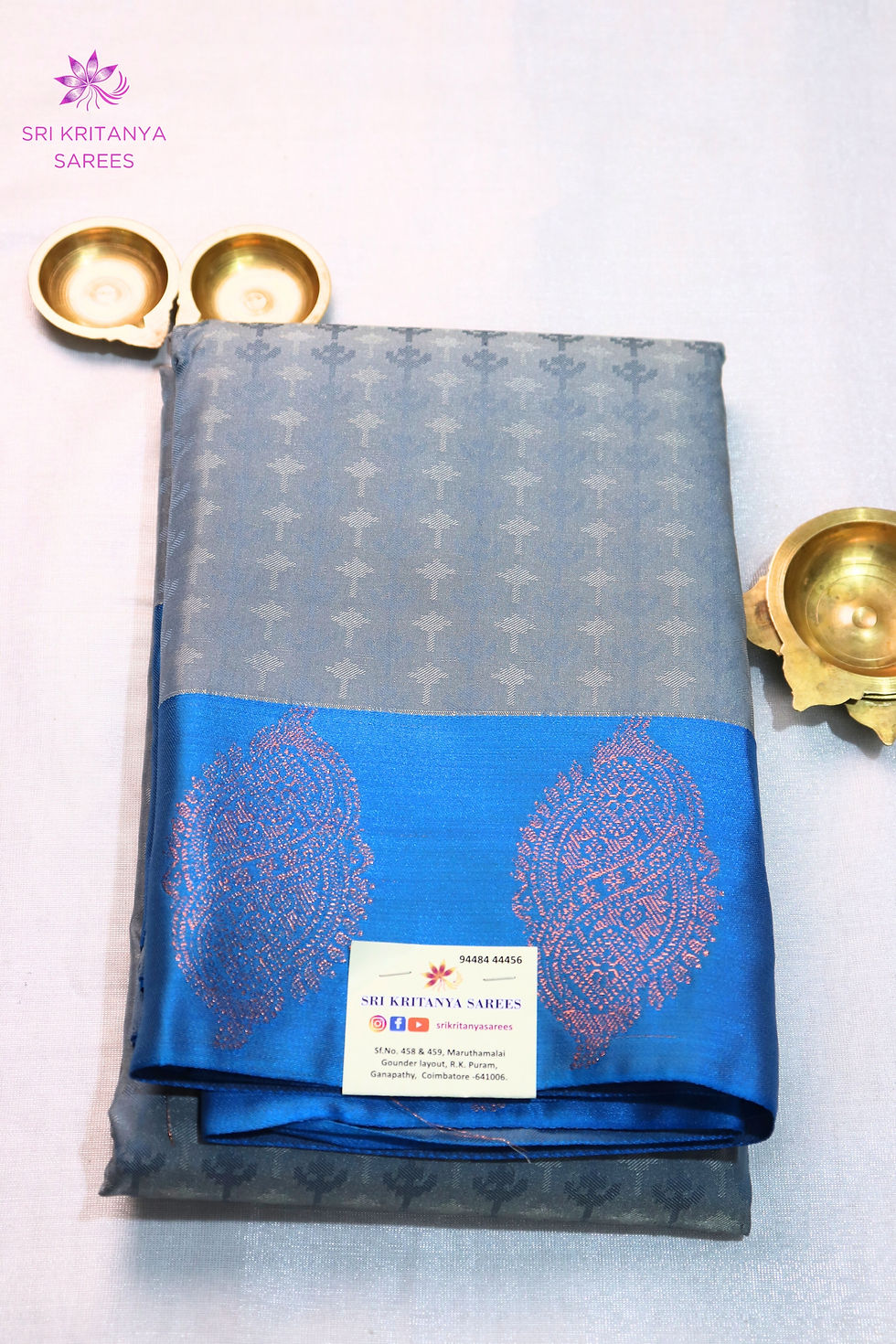 SEMI KANCHI SILK SAREES EMBOSSED PATTERN - Steel Grey with Peacock Blue