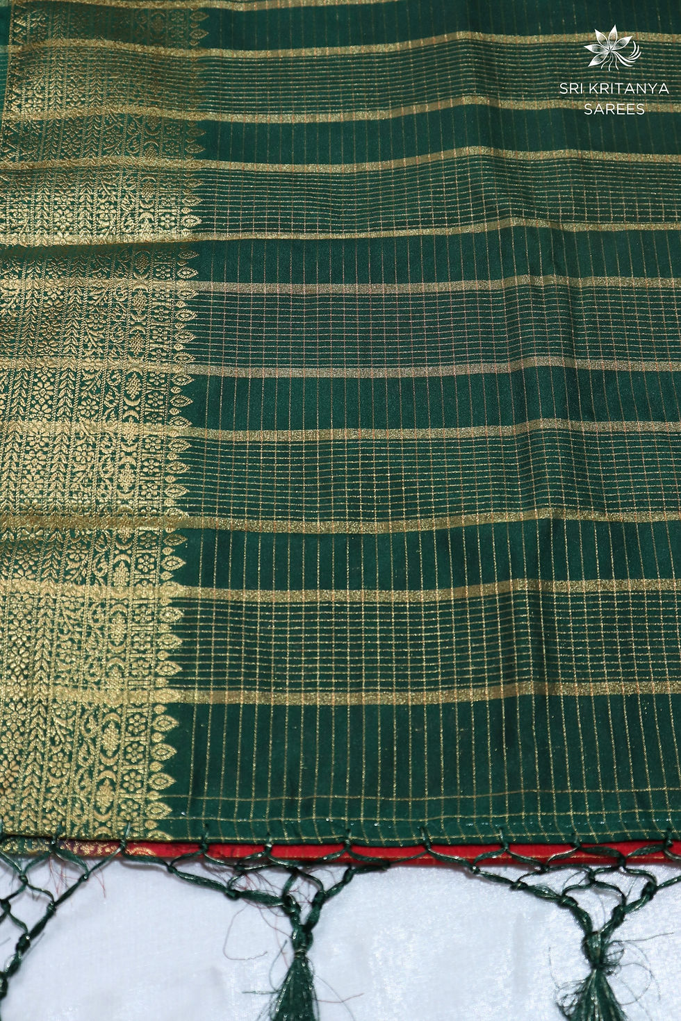Thumbnail: SEMI RAW SILK SAREES with Checks -   Red with Bottle Green