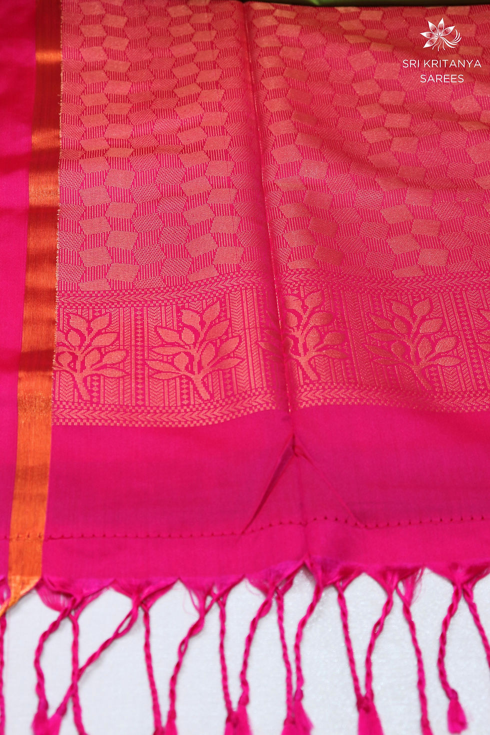 Thumbnail: SEMI KANCHI SILK SAREE WITH BUTTAS  - Olive Green with Rani Pink