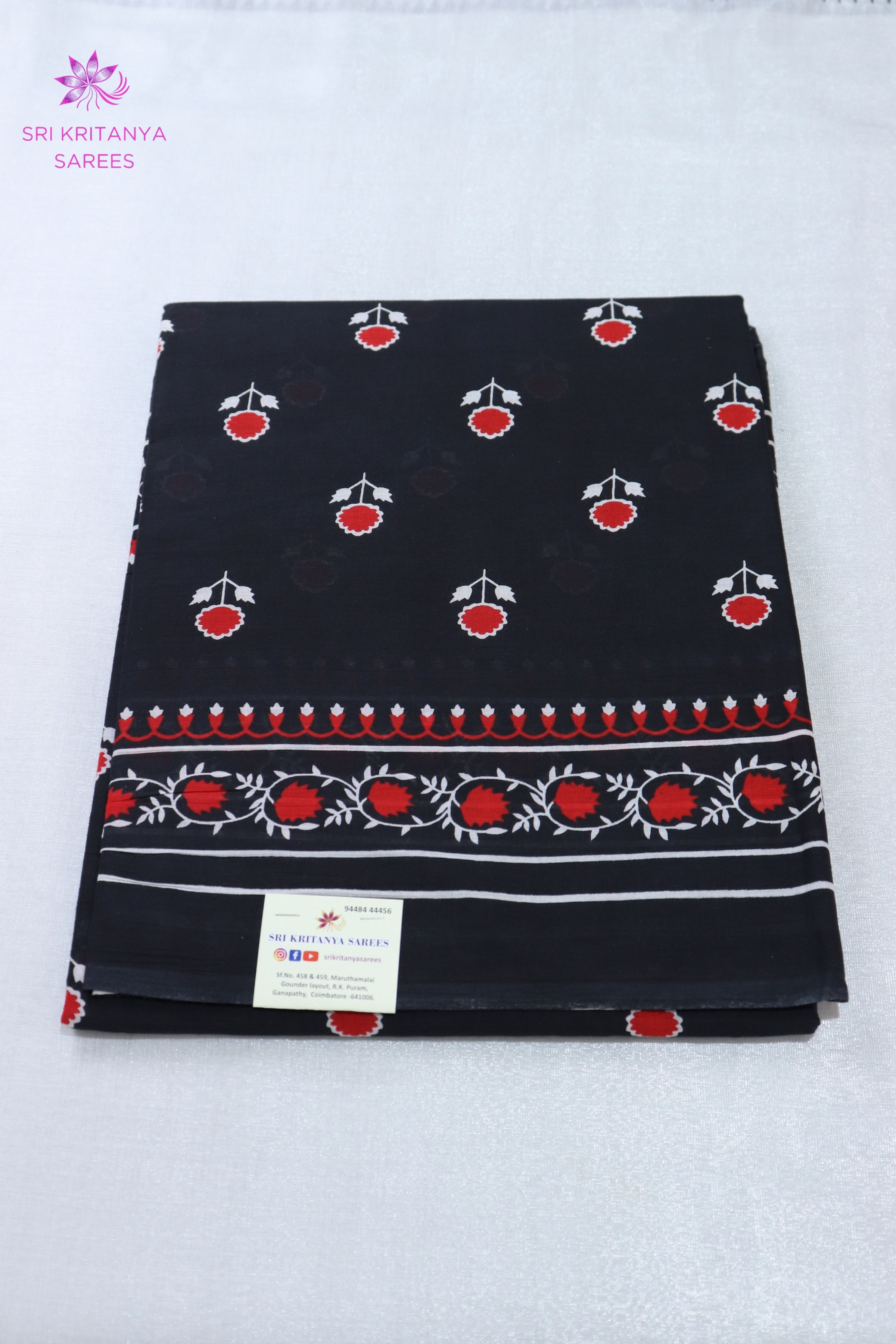 PURE MULMUL COTTON SAREES-Black with red & white