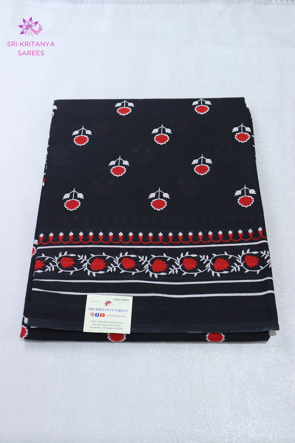PURE MULMUL COTTON SAREES-Black with red & white