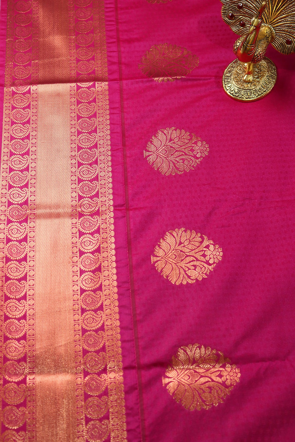 Thumbnail: Premium Bridal Semi Kanchi Silk Saree -  Pista Green with Pink  in Antique zari