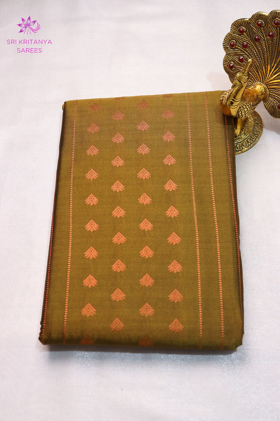 Premium Borderless Semi Kanchi Silk Sarees - Olive Green with Baby Pink