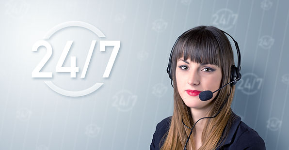 Female call center representative ready 24/7.