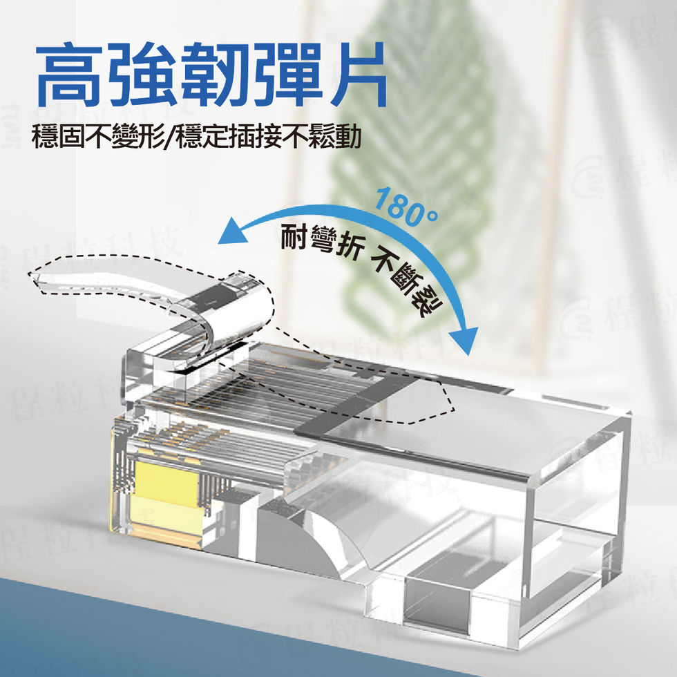 RJ45水晶頭的高強韌彈片設計，圖解其可180度耐彎折而不斷裂，確保插接穩固不鬆動