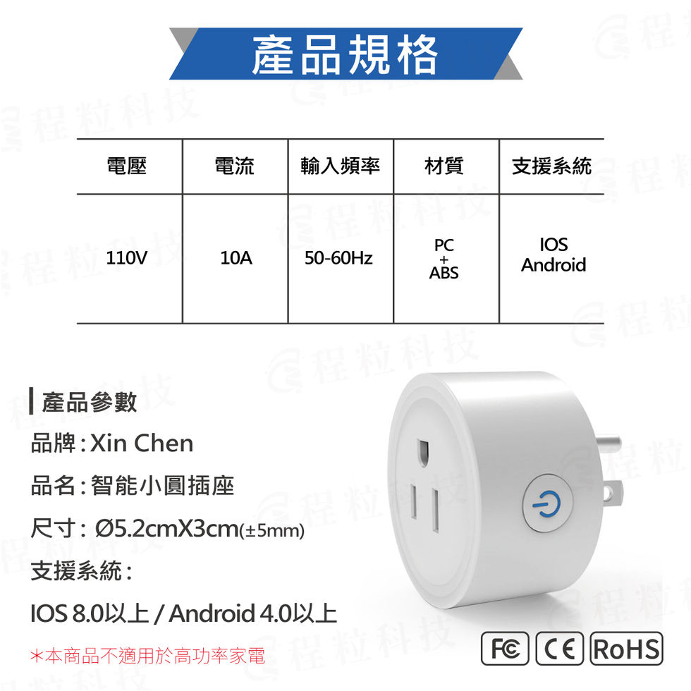 智能小圓插座的產品規格圖,表格列出其110V電壓、10A電流、PC+ABS材質等參數,並標示其尺寸為直徑5.2公分、高3公分