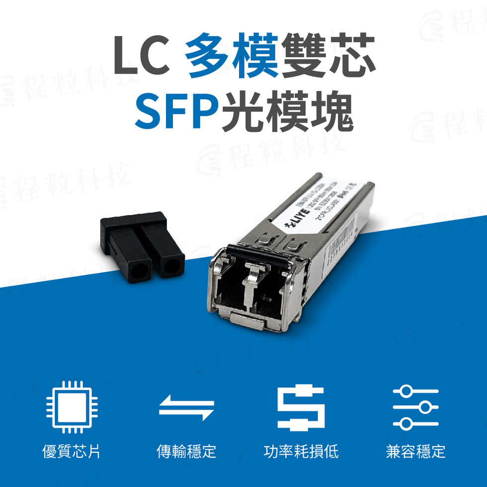 LC多模雙芯SFP光模塊的特色總覽圖，以圖示強調其優質芯片、傳輸穩定、功率耗損低與兼容穩定等四大優點。