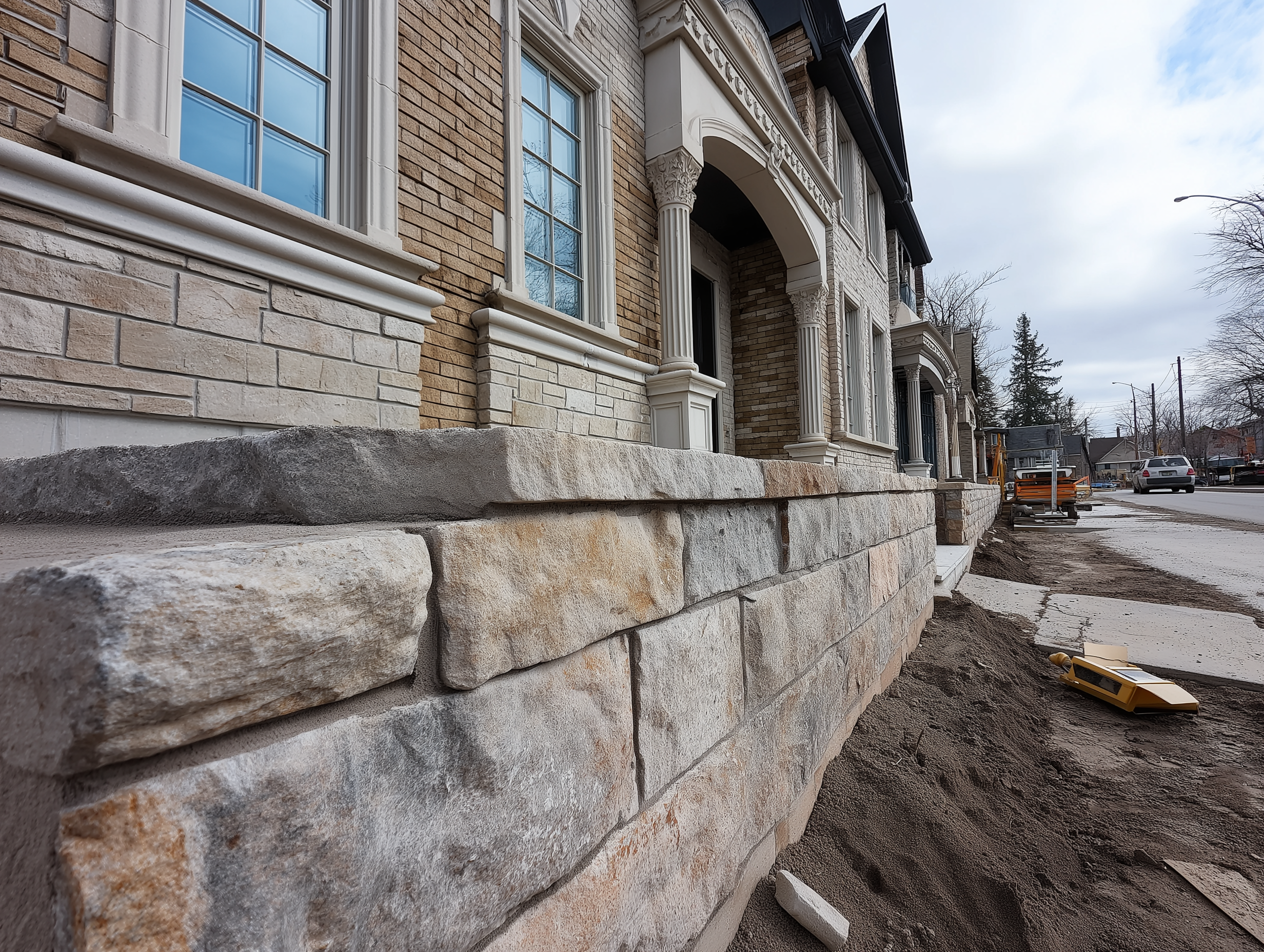Stone retaining wall under construction in front of new homes located in Toronto. Completed by Monarch Masonry