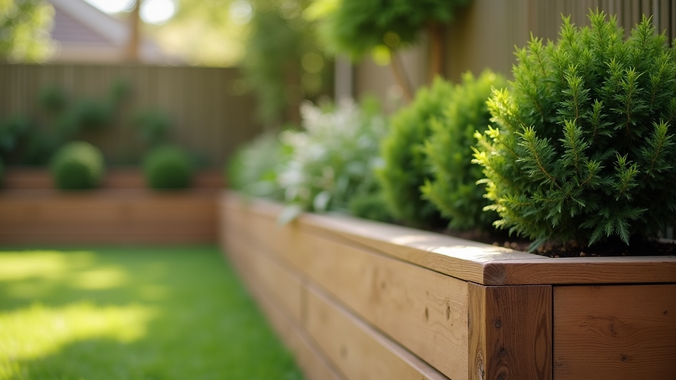 Close-up view of a simple timber retaining wall in a garden