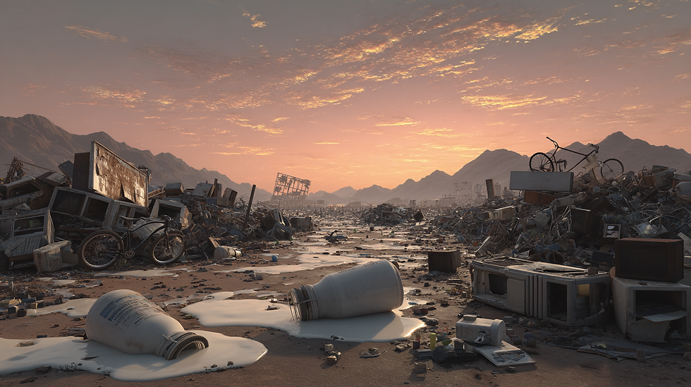 Junkyard at sunset with mountains, scattered appliances, bikes, and a large broken bottle spilling white liquid on the ground. Sky is orange-pink.