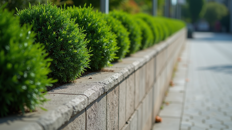 Wide angle view of a well-maintained retaining wall with greenery